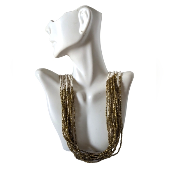 Vintage Jewelry - Vintage LONG Multi Strand Gold & White Seed Bead Tribal Boho Necklace
